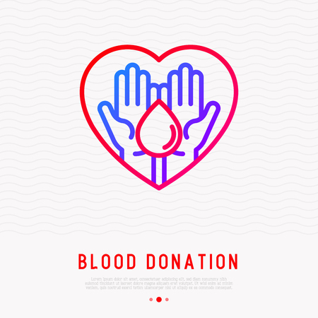 Blood donation concept: two hands holding blood drop in heart shape. Thin line icon. Modern vector illustration for World donor day.のイラスト素材