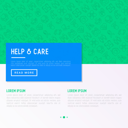 Help and care concept with thin line icons: symbols of support, help for children and disabled, togetherness, philanthropy and donation. Modern vector illustration, template for print media.のイラスト素材