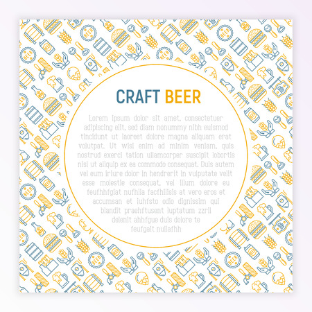 Craft beer concept with thin line icons related to Octoberfest: beer pack, hop, wheat, bottle opener, manufacturing, brewing, tulip glass, mag with foam, can. Vector illustration for print media.のイラスト素材
