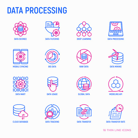 Data processing thin line icons set: data science, filtering, deep learning, mobile syncing, big data, modeling API, usage, tracking, cloud database. Modern vector illustration.のイラスト素材
