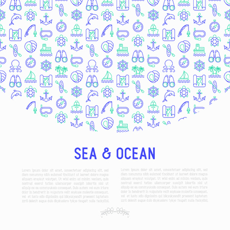 Sea and ocean journey concept with thin line icons: sailboat, fishing, ship, oysters, anchor, octopus, compass, steering wheel, snorkel, dolphin, sea turtle. Vector illustration, print media template.のイラスト素材