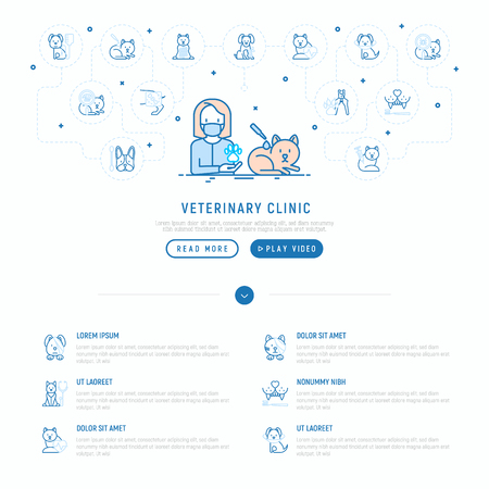 Veterinary clinic concept: treatment from tick and flea for cat. Thin line icons: injection, cardiology, cleaning of ears, teeth, shearing claws, broken leg. Vector illustration, web page template.のイラスト素材