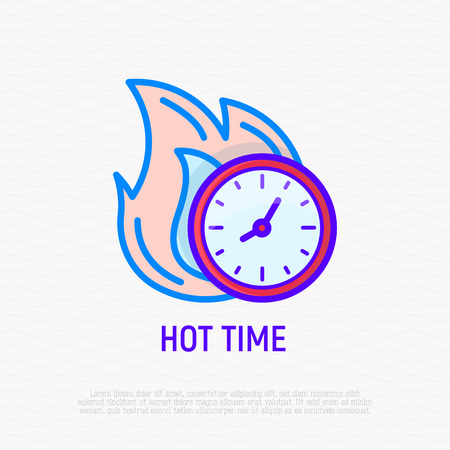 Hot time: clock in fire thin line icon. Modern vector illustration of sale, deal.のイラスト素材
