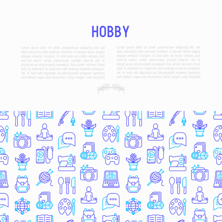 Hobby concept with thin line icons: reading, gaming, gardening, photography, cooking, sewing, fishing, hiking, yoga, music, travelling, blogging, knitting. Vector illustration, print media template.のイラスト素材