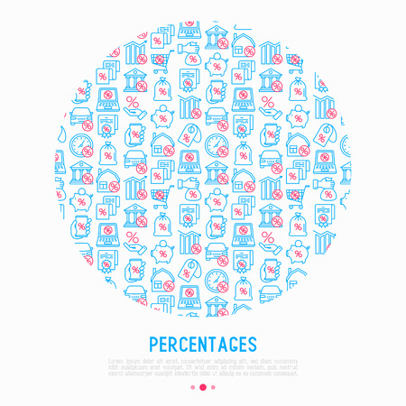 Percentages concept in circle with thin line icon: loan, credit, offer, interest rate, sale, discount, percentage graph of growth or fall, leasing, on screen of laptop. Modern vector illustration.のイラスト素材