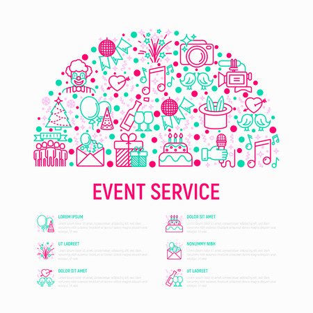 Event services concept in half circle with thin line icons: kids party, gifts, birthday, magician, clown, videographer, party invitation, fireworks, romatic date. Vector illustration web page templateのイラスト素材