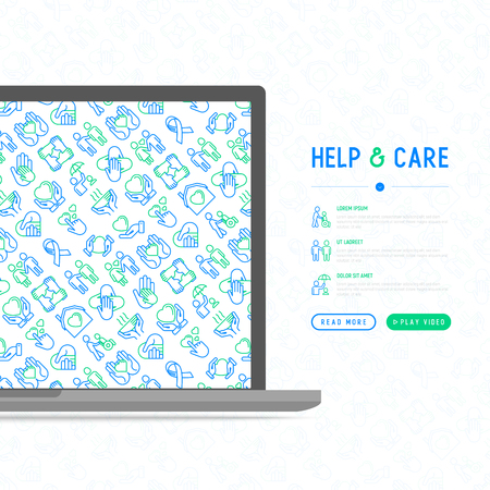 Help and care concept with thin line icons: symbols of support, help for children and disabled, togetherness, philanthropy and donation. Modern vector illustration, template for print media.のイラスト素材