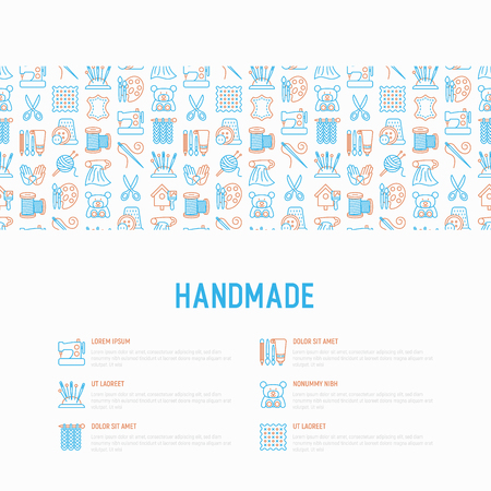 Handmade concept with thin line icons: sewing machine, knitting, needlework, drawing, embroidery, scissors, threads, yarn, pin. Modern illustration, template for workshop, print media.のイラスト素材