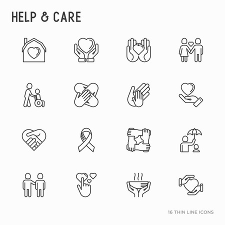 Help and care thin line icons set: symbols of support, help for children and disabled, togetherness, philanthropy and donation. Vector illustration.のイラスト素材