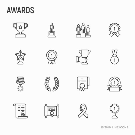 Awards thin line icons set: trophy, medal, cup, star, statuette, ribbon. Modern vector illustration of prizes for competition.のイラスト素材
