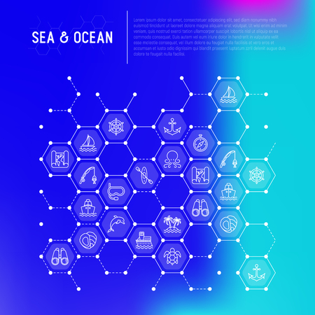 Sea and ocean journey concept in honeycombs with thin line icons: sailboat, fishing, ship, oysters, anchor, octopus, compass, steering wheel, snorkel. Modern vector illustration, print media templateのイラスト素材