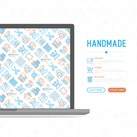 Handmade concept with thin line icons: sewing machine, knitting, needlework, drawing, embroidery, scissors, threads, yarn, pin. Modern vector illustration, template for workshop, print media.のイラスト素材