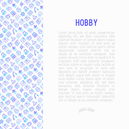 Hobby concept with thin line icons: reading, gaming, gardening, photography, cooking, sewing, fishing, hiking, yoga, music, travelling, blogging, knitting. Vector illustration, print media template.のイラスト素材