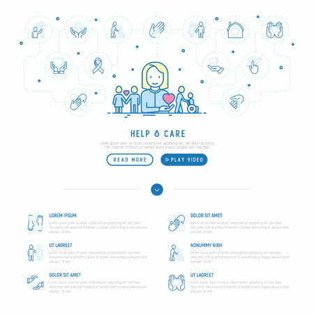 Help and care concept with thin line icons: symbols of support, help for children and disabled, togetherness, philanthropy and donation. Vector illustration, web page template.のイラスト素材