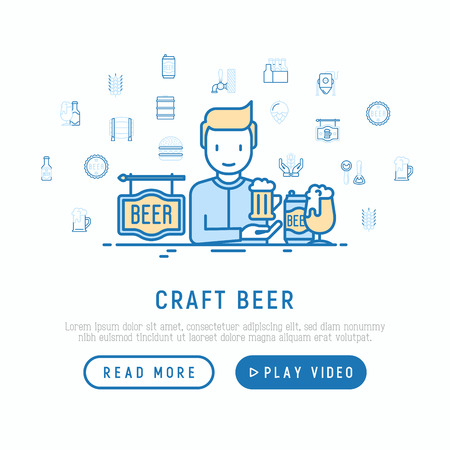 Craft beer concept: man and mag with foam. Thin line icons related to Octoberfest: beer pack, hop, wheat, bottle opener, manufacturing, brewing, tulip glass. Vector illustration, web page template.のイラスト素材
