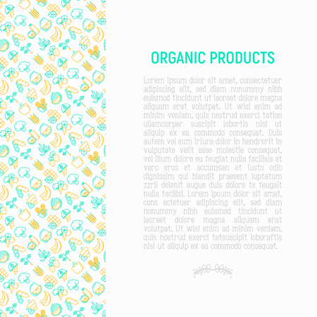 Organic products concept with thin line icons set: corn, peas, raw cafe, broccoli, grapes, sprouts, seaweed, watermelon, bananas, fresh juice. strawberry. Modern vector illustration for vegetable shopのイラスト素材
