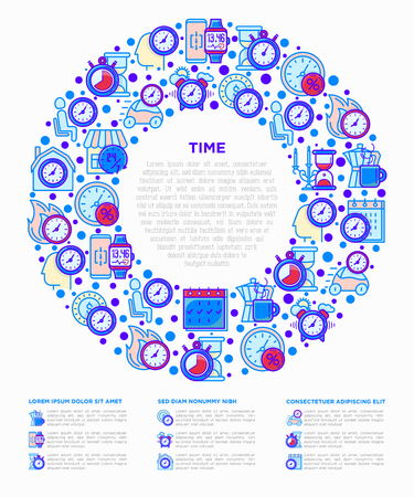 Time concept in circle with thin line icons: coffee time, stopwatch, smart watch, hot time, sale, deadline, alarm, open hours, coundown. Modern vector illustration, template for print media.のイラスト素材