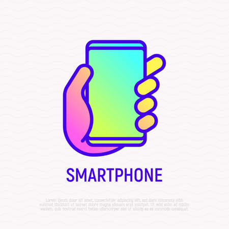 Smartphone in hand thin line icon. Modern vector illustration.のイラスト素材
