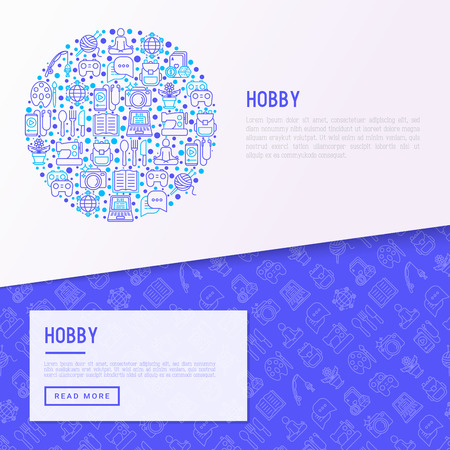 Hobby concept in circle with thin line icons: reading, gaming, gardening, photography, cooking, sewing, fishing, hiking, yoga, music, travelling, blogging. Vector illustration, web page template.のイラスト素材
