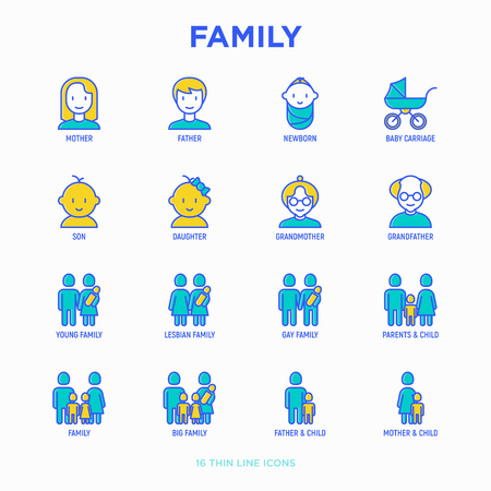 Family thin line icons set: mother, father, newborn, son, daughter, single mother and child, grandmother, grandfather. Modern vector illustration.のイラスト素材
