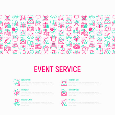 Event services concept with thin line icons: kids party, gifts, birthday, magician, clown, videographer, party invitation, corporate, fireworks, romatic date. Vector illustration, print media templateのイラスト素材
