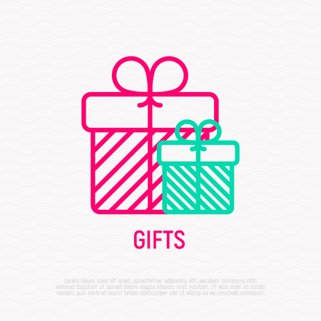 Gifts with bow thin line icon. Modern vector illustration.のイラスト素材