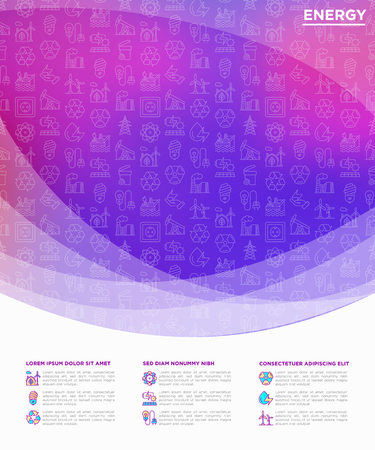 Energy concept with thin line icons: factory, oil platform, hydropower, wind energy, power socket, radioactivity, garbage, oil rig, recycling. Vector illustration, print media template.のイラスト素材