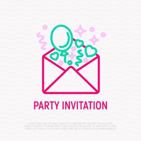 Party invitation: envelope with balloons and hearts thin line icon. Modern vector illustration.のイラスト素材