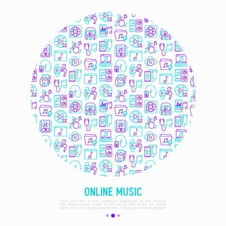 Online music concept in circle with thin line icons: smartphone with mobile app, headphones, earphones, equalizer, speaker, smart watch, microphone. Vector illustration, print media template.のイラスト素材