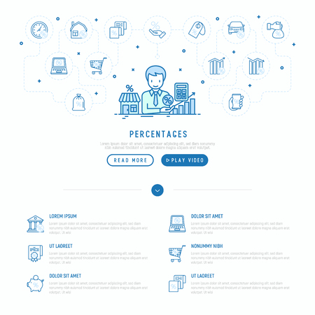 Percentages concept: manager gives credit or mortgage. Thin line icons: loan, offer, interest rate, sale, discount, percentage graph of growth or fall, leasing. Vector illustration, web page template.のイラスト素材