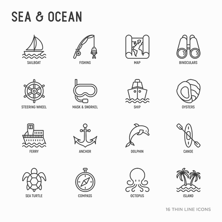 Sea and ocean journey thin line icons set: sailboat, fishing, ship, oysters, anchor, octopus, compass, steering wheel, snorkel, dolphin, sea turtle. Modern vector illustration.のイラスト素材