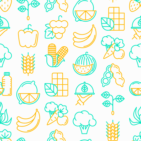 Organic products seamless pattern with thin line icons: corn, peas, raw cafe, broccoli, grapes, sprouts, seaweed, watermelon, bananas, fresh juice. strawberry. Modern vector illustration.のイラスト素材