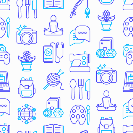 Hobby seamless pattern with thin line icons: reading, gaming, gardening, photography, cooking, sewing, fishing, hiking, yoga, music, blogging, knitting. Modern vector illustration, web page template.のイラスト素材
