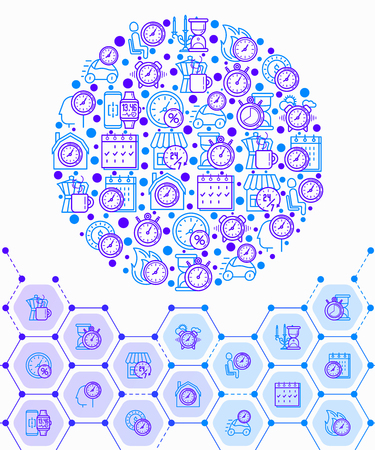 Time concept in circle with thin line icons: coffee time, stopwatch, smart watch, hot time, sale, deadline, alarm, open hours, countdown. Modern vector illustration, template for print media.のイラスト素材