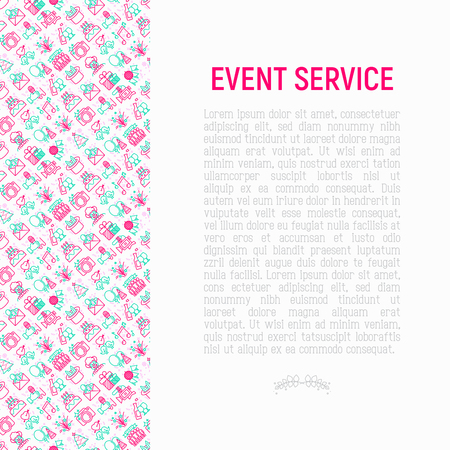 Event services concept with thin line icons: kids party, gifts, birthday, magician, clown, videographer, party invitation, corporate, fireworks, romatic date. Vector illustration, print media templateのイラスト素材