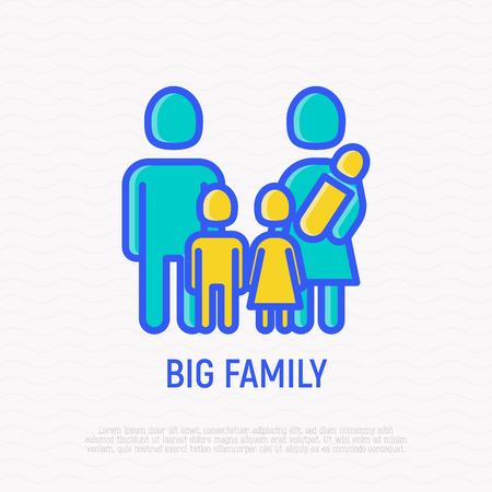 Silhouette of big family. Man, woman and three children: newborn, boy and girl thin line icon. Modern vector illustration.のイラスト素材