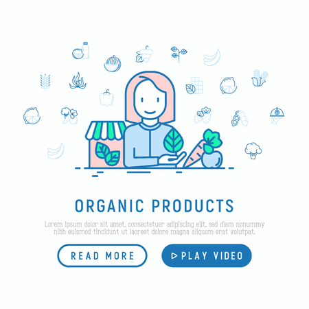 Organic shop concept: woman with vegetables. Thin line icons: corn, peas, raw cafe, broccoli, grapes, sprouts, seaweed, watermelon, bananas, fresh juice. Vector illustration, web page templateのイラスト素材