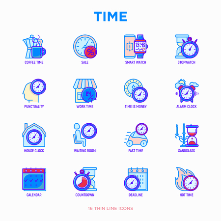 Time thin line icons set: coffee time, stopwatch, smart watch, hot time, sale, deadline, alarm, open hours, countdown. Modern vector illustration.のイラスト素材