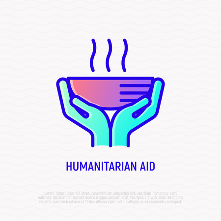 Humanitarian aid thin line icon: hands giving hot soup. Modern vector illustration of charity.のイラスト素材