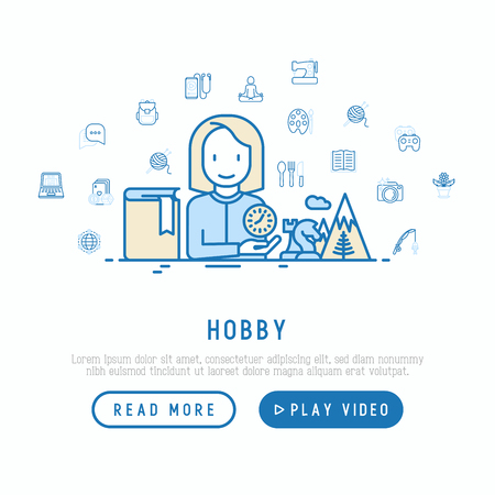 Hobby concept with thin line icons: reading, gaming, gardening, photography, cooking, sewing, fishing, hiking, music, travelling, blogging, knitting. Modern vector illustration, web page template.のイラスト素材
