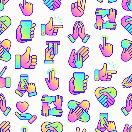 Hands gestures seamless pattern with thin line icons set: handshake, easy sign, single tap, 2 finger tap, holding smartphone, teamwork, mutual help, swipe. Modern vector illustration.のイラスト素材