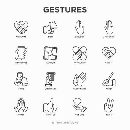 Hands gestures thin line icons set: handshake, easy sign, single tap, 2 finger tap, holding smartphone, teamwork, mutual help, swipe, insert credit card, prayer, thumbs up. Modern vector illustration.のイラスト素材