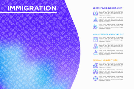 Immigration concept with thin line icons: immigrants, illegals, baggage examination, passport, international flights, customs, inspection, refugee camp, humanitarian aid. Modern vector illustration.のイラスト素材