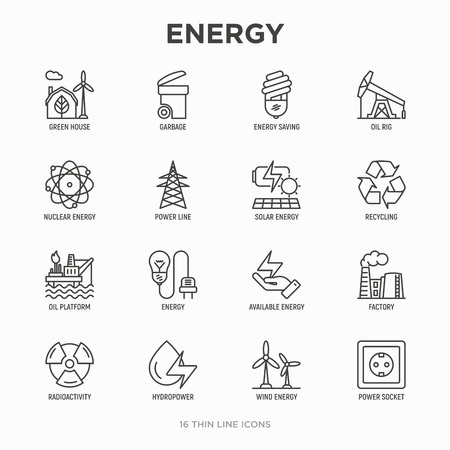 Energy thin line icon: factory, oil platform, hydropower, wind energy, power socket, radioactivity, garbage, oil rig, green house, solar energe, recycling, nuclear energy. Modern vector illustrationのイラスト素材