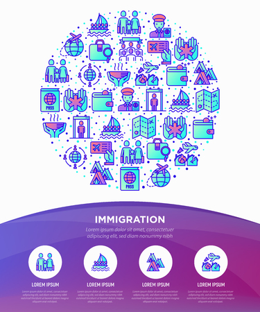 Immigration concept in circle with thin line icons: immigrants, illegals, baggage examination, passport, international flights, inspection, refugee camp. Modern vector illustration, web pa template.のイラスト素材