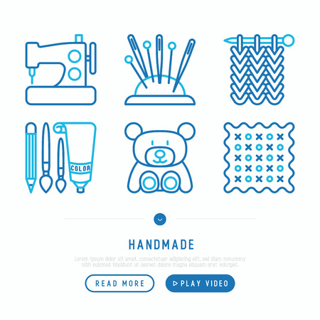 Handmade thin line icons set: sewing machine, knitting, needlework, drawing, embroidery. Modern vector illustration for workshop.のイラスト素材