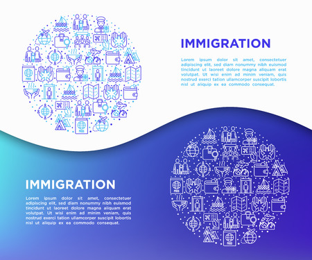 Immigration concept in circle with thin line icons: immigrants, illegals, baggage examination, passport, refugee camp, demonstration, humanitarian aid, social benefit, war. Vector illustration.のイラスト素材