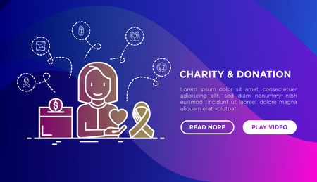 Charity and donation concept: woman with heart in hand and donation box for money. Thin line icons. Modern vector illustration, web page template on gradient background.のイラスト素材