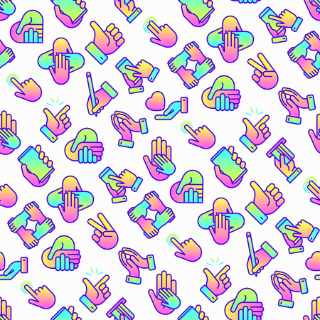 Hands gestures seamless pattern with thin line icons set: handshake, easy sign, single tap, 2 finger tap, holding smartphone, teamwork, mutual help, thumbs up, give love, peace. Vector illustration.のイラスト素材