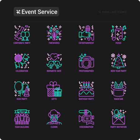Event services thin line icons set: kids party, gifts, birthday, magician, clown, videographer, party invitation, corporate, fireworks, music, celebration, romatic date. Modern vector illustration.のイラスト素材